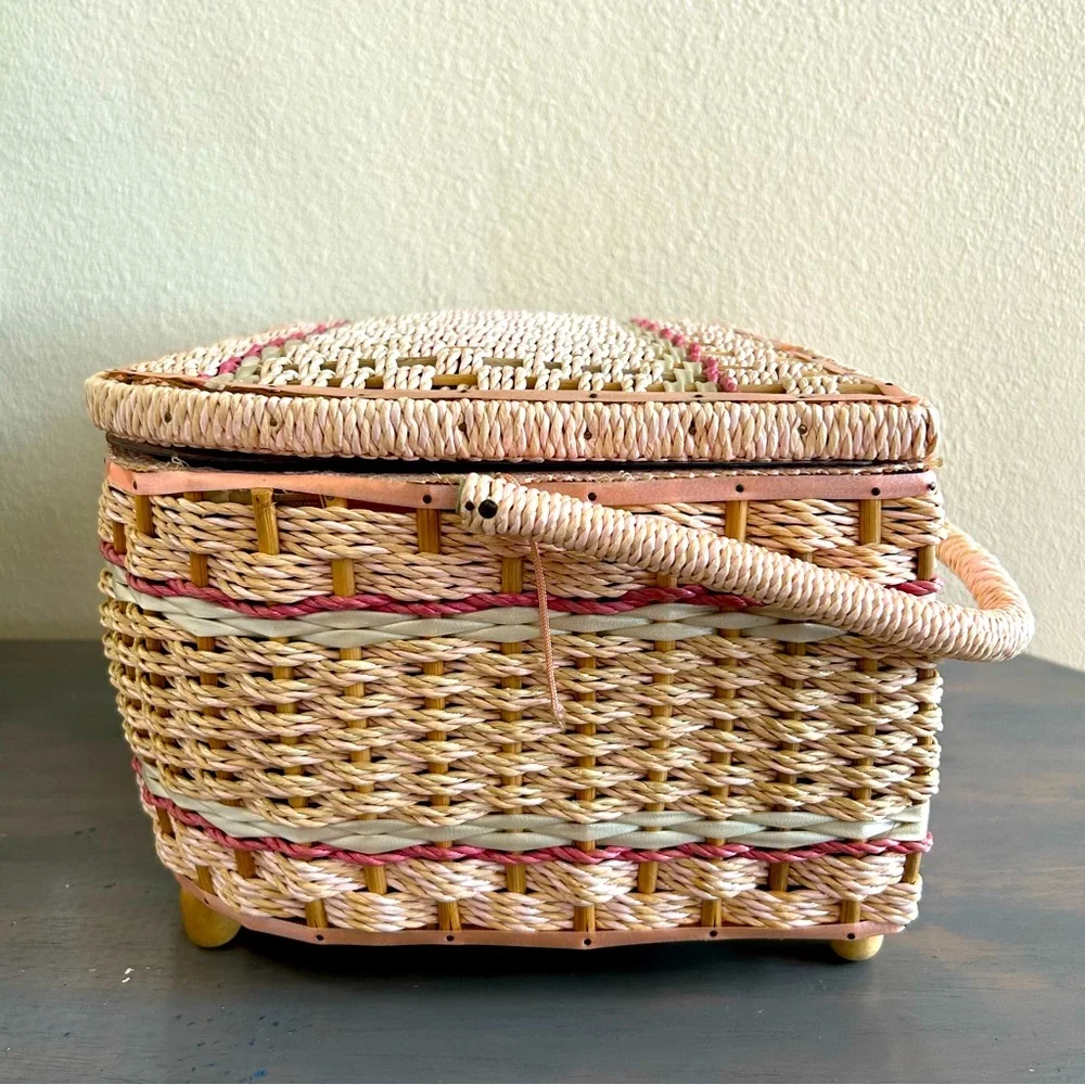 Vintage Sewing Basket Large Pink Rattan Original Clear Tray for Penny’s in Japan